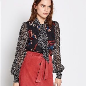 Kanela Mixed Print Tie Neck Silk Blouse Size M